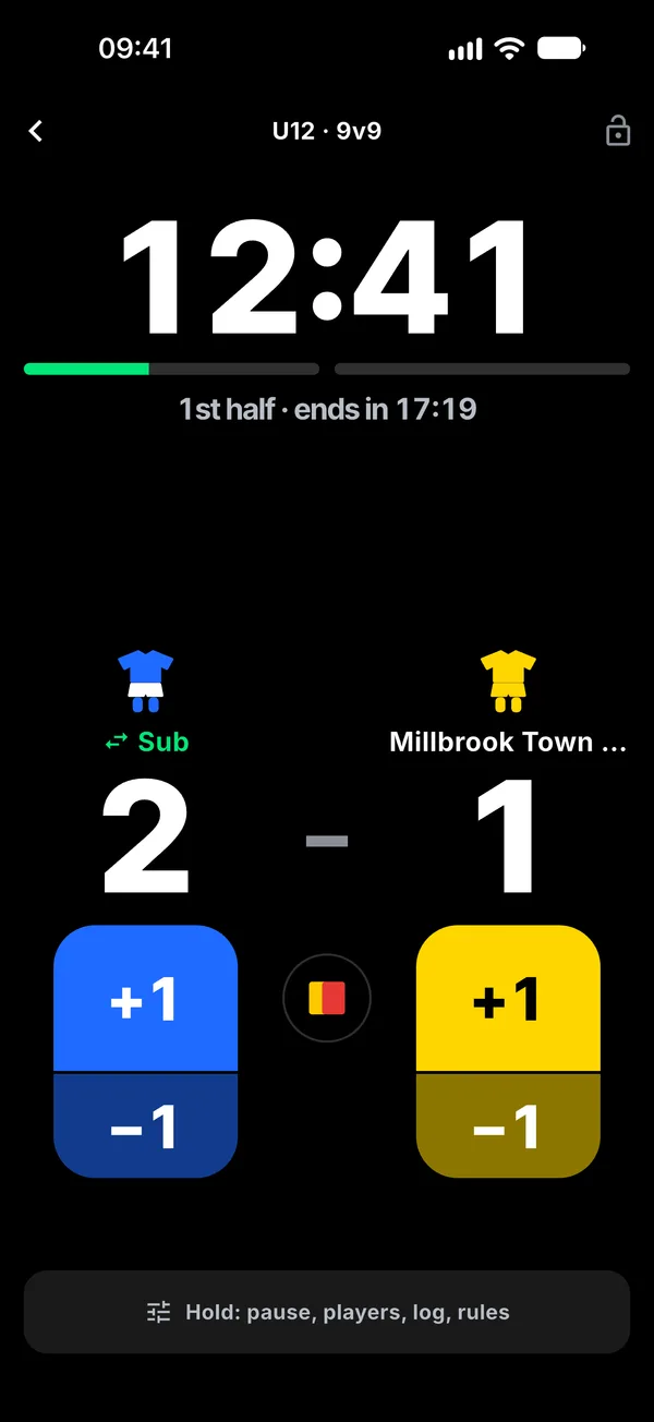 The match being played: the clock, the score 2–1 and a big +1 per team