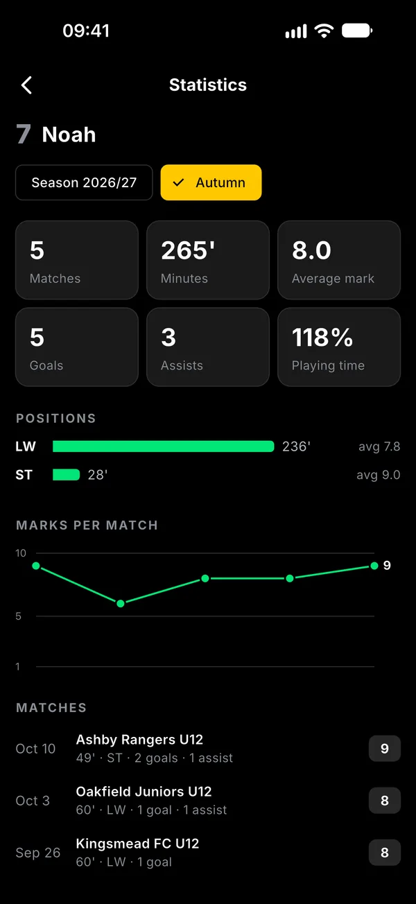One player: minutes, positions, goals and their marks over the season