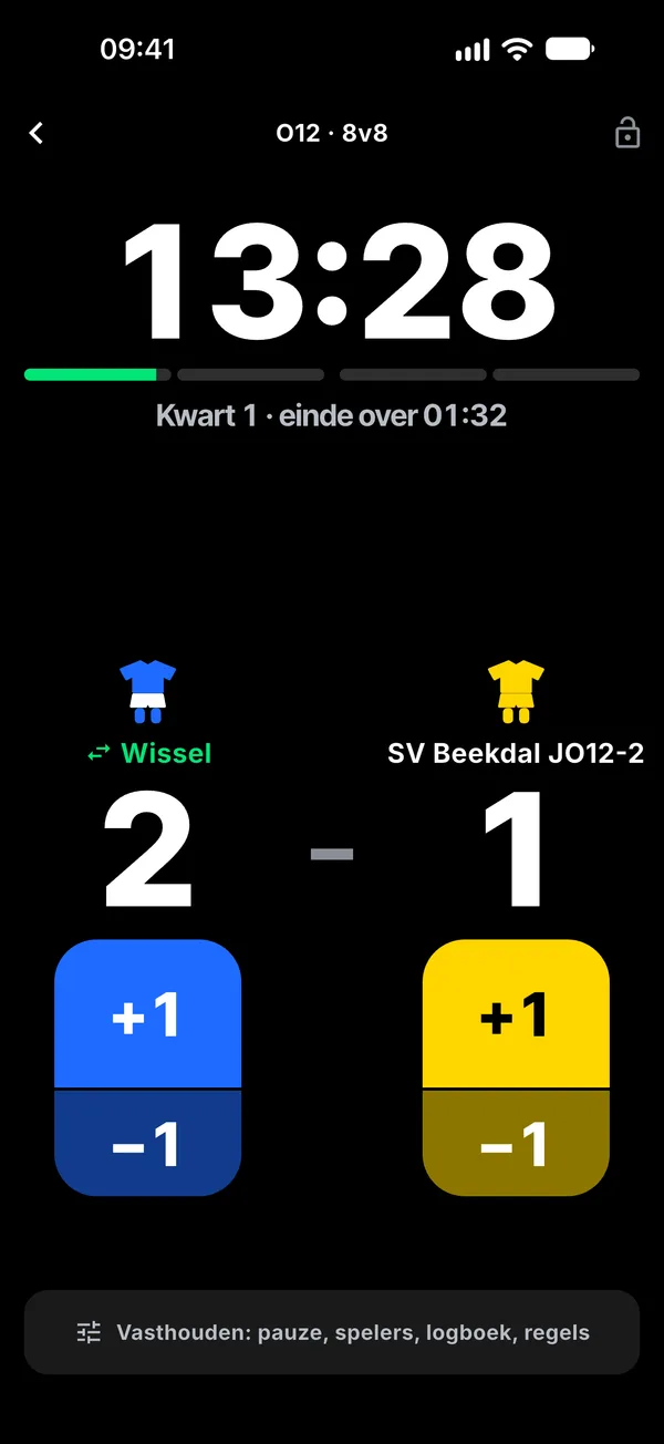 De lopende wedstrijd: de klok, de stand 2–1 en een grote +1 per team